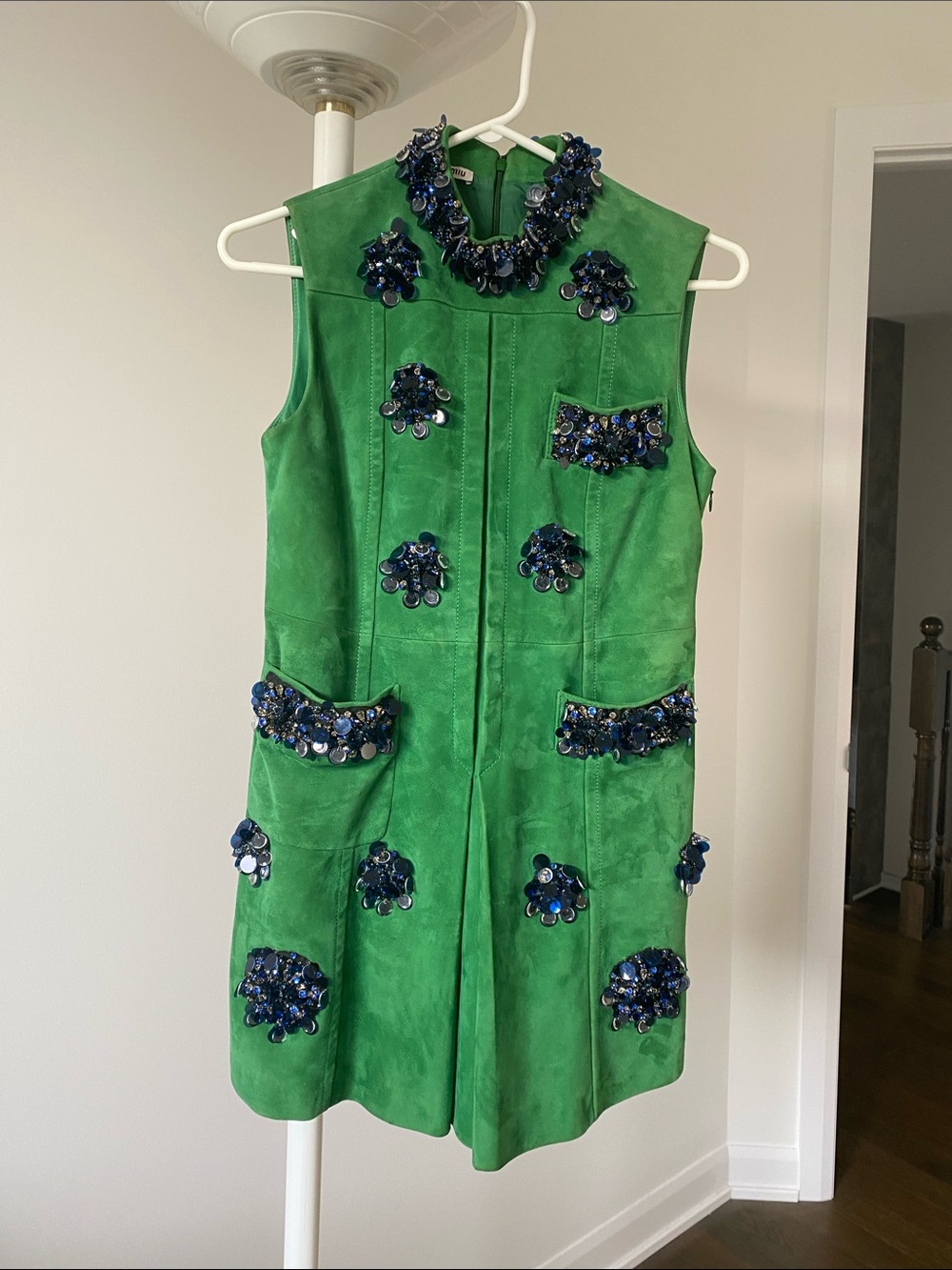 Authentic Miu Miu Embellished Green Leather Suede Mini Dress